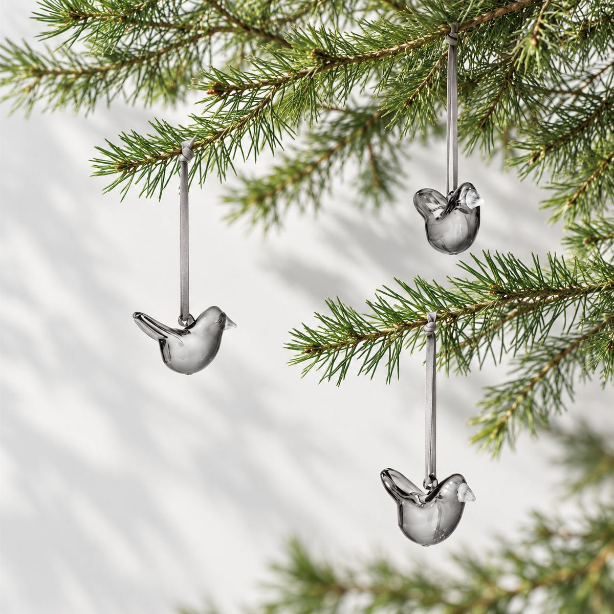 Iittala Mini Glass Bird Ornaments – Grey, Set of 3