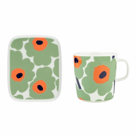 Unikko Mug and Plate Sage, Orange and Dark Blue