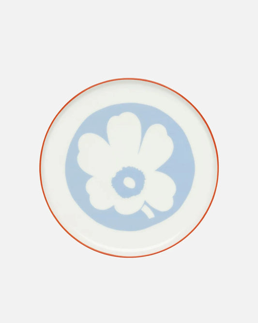 Unikko Serving Dish. White, Blue, Orange Rim