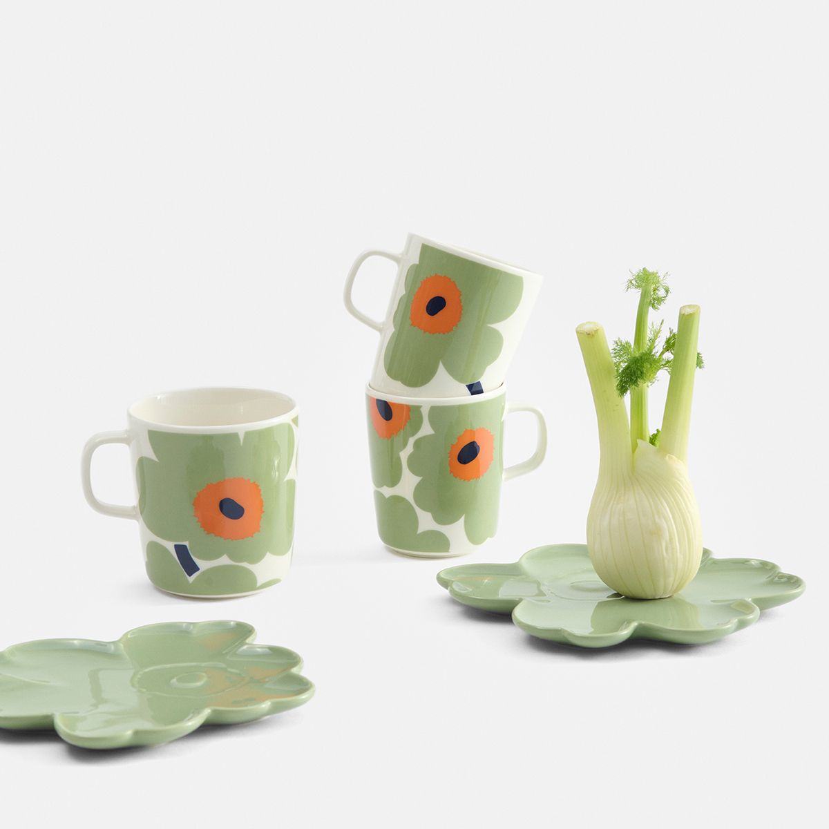 Unikko Mug and Plate Sage, Orange and Dark Blue