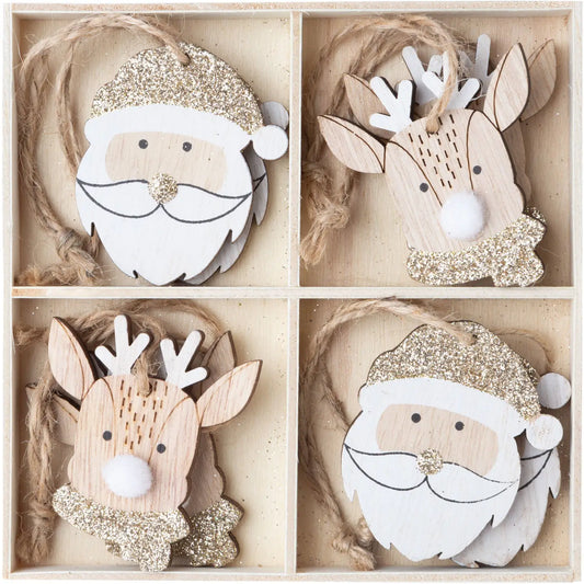 Boxed Set of 8 Wood Santa and Reindeer