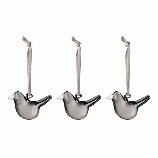 Iittala Mini Glass Bird Ornaments – Grey, Set of 3