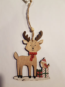 Wood Reindeer and Bird Ornament