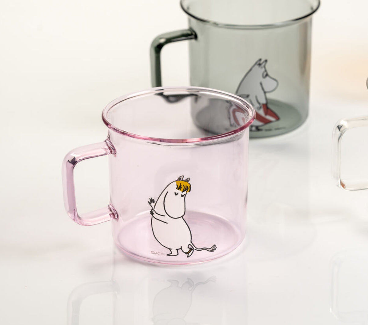 Rare pair of Miniso MOOMIN glass mugs. Little My and Snorkmaiden w/ pine  lids