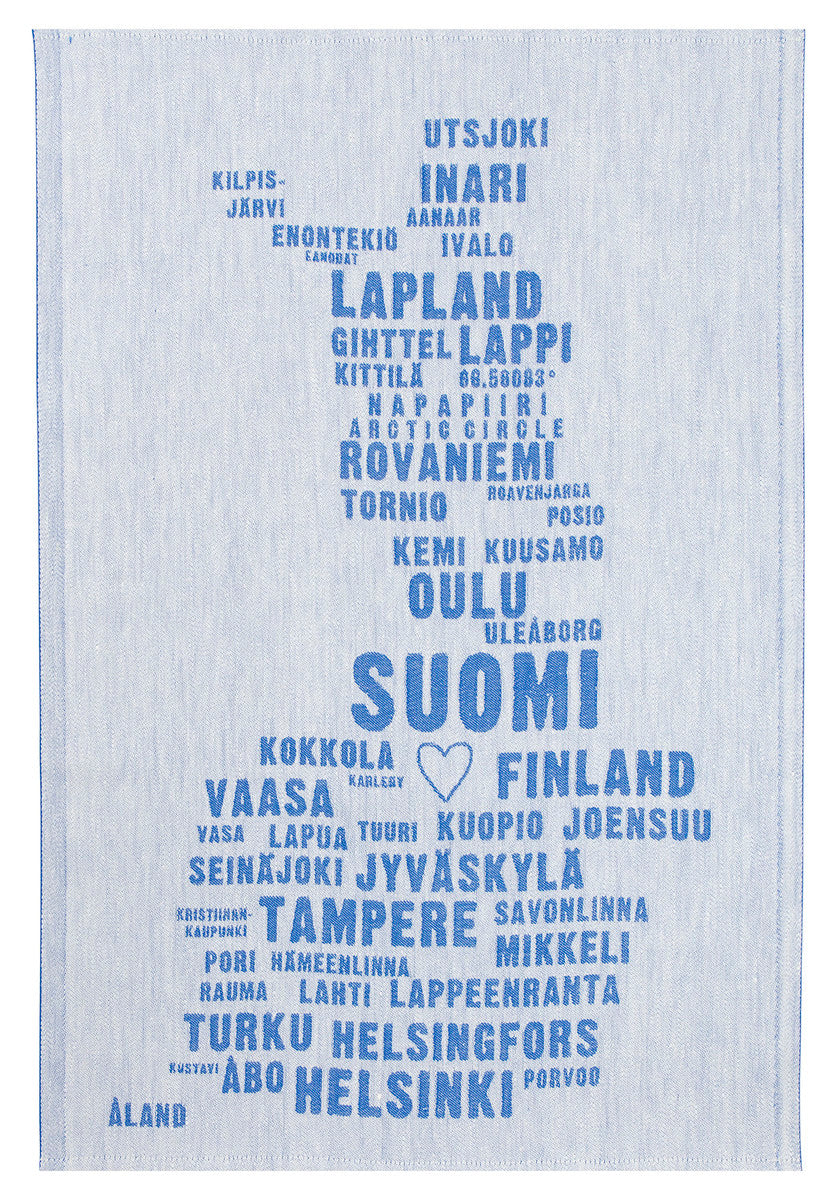 A white kitchen towel with blue text and design elements featuring Finnish place names and the flag symbol.